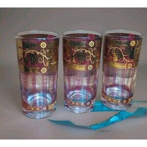 Vintage CERA Golden Grape Cranberry Tumblers Set Of 3 24k Gold Barware MCM